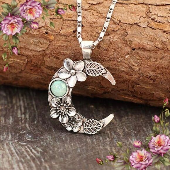 Vintage Style Carved Moon Floral Pendant Necklace - Picture 1 of 9